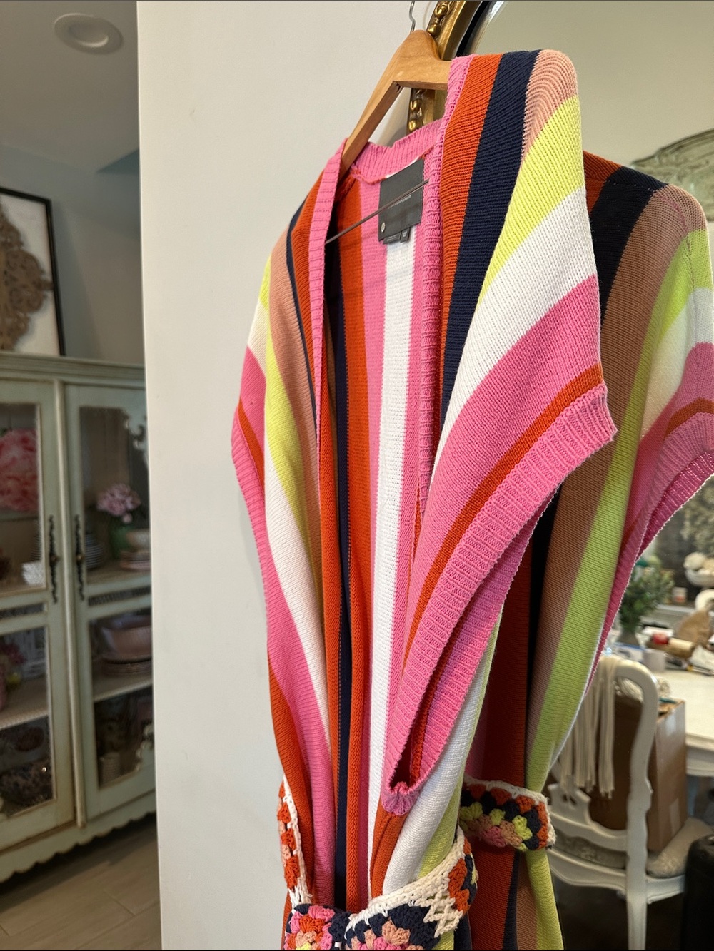 Striped Knit Duster with Crochet Belt - Multicolor - Picture 4 of 6